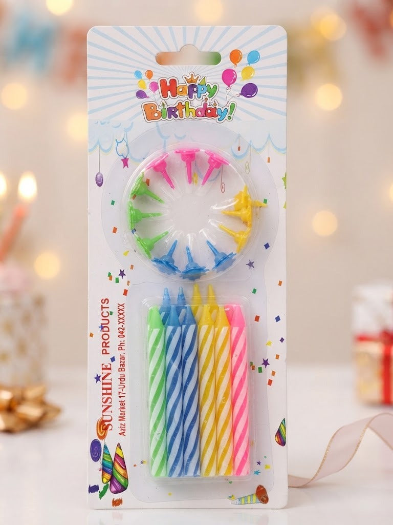 Colorful Striped Birthday Candles Set with Matching Holders – M&D TRADER