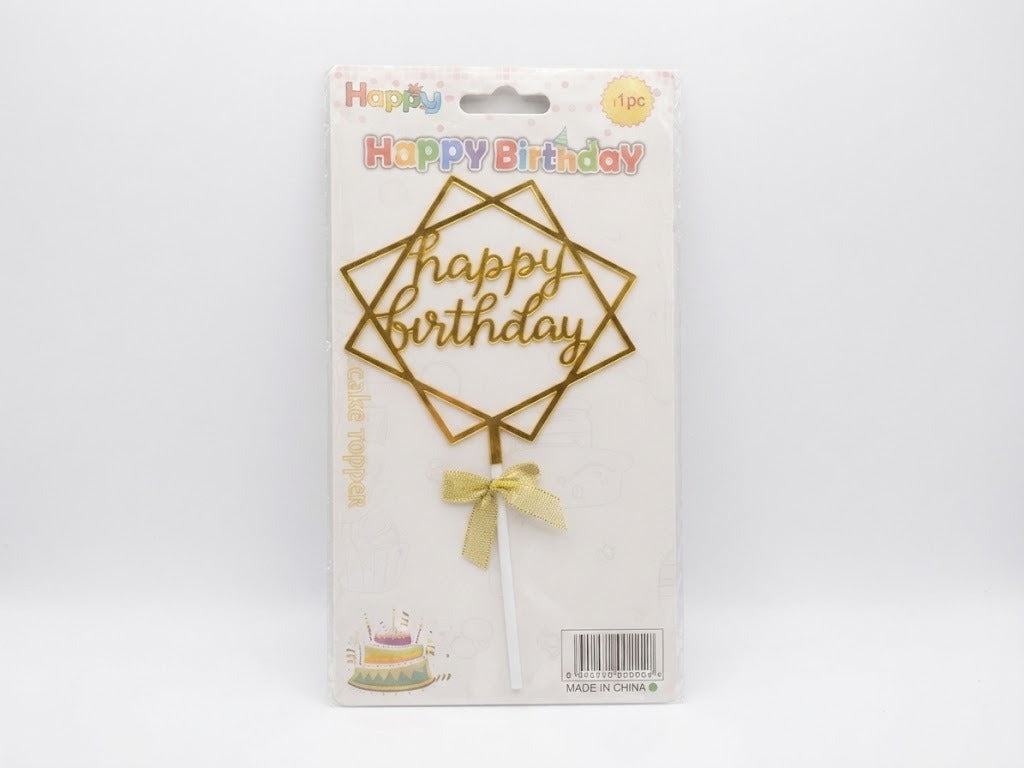Gold Geometric Frame "Happy Birthday" Cake Topper with Bow