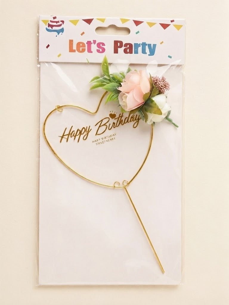 Gold Wire Heart "Happy Birthday" Cake Topper with Floral Accent