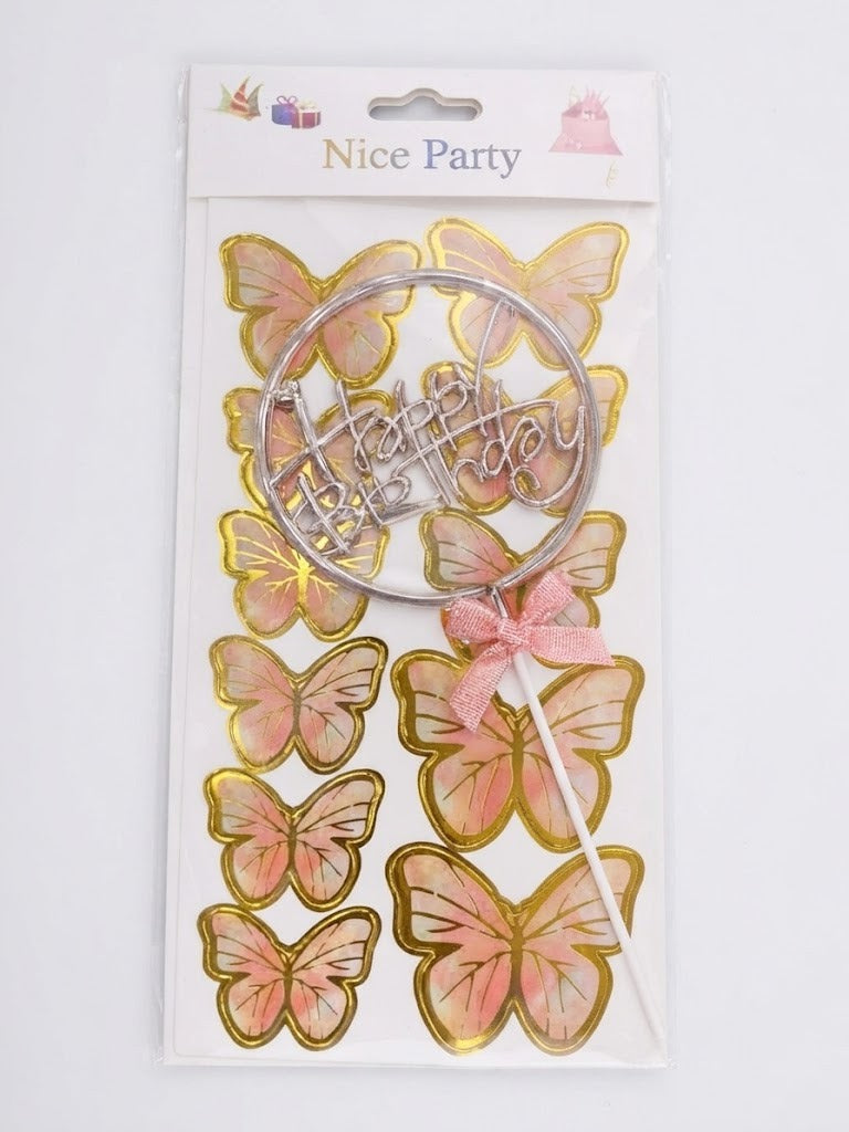 Pink and Gold Butterfly Cake Topper Set with Circle "Happy Birthday" Sign