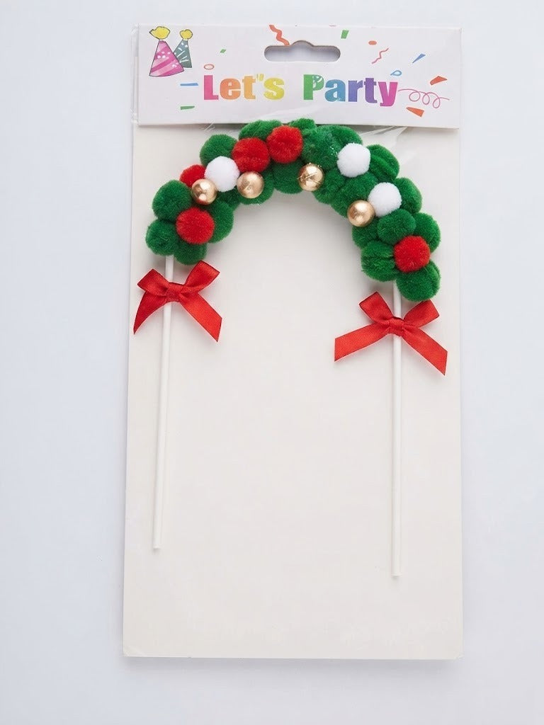 Festive Pom-Pom Wreath Cake Topper with Red Bows