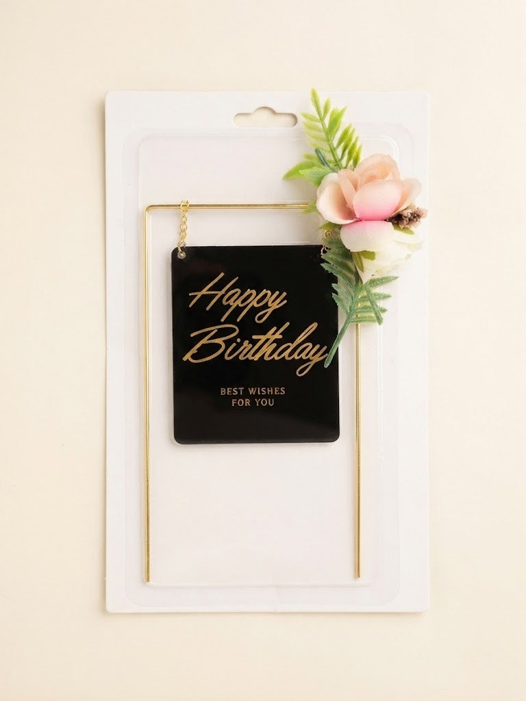 Black and Gold Hanging Sign "Happy Birthday" Cake Topper with Floral Accent