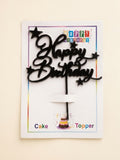 Black Elegant Script "Happy Birthday" Cake Topper with Stars