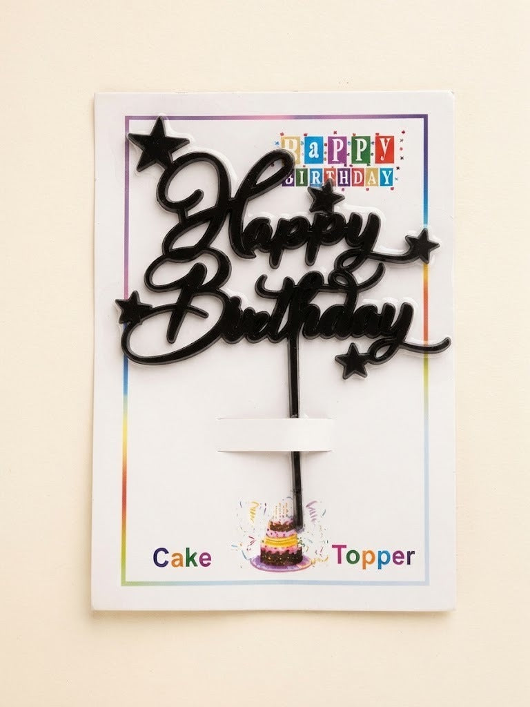 Black Elegant Script "Happy Birthday" Cake Topper with Stars
