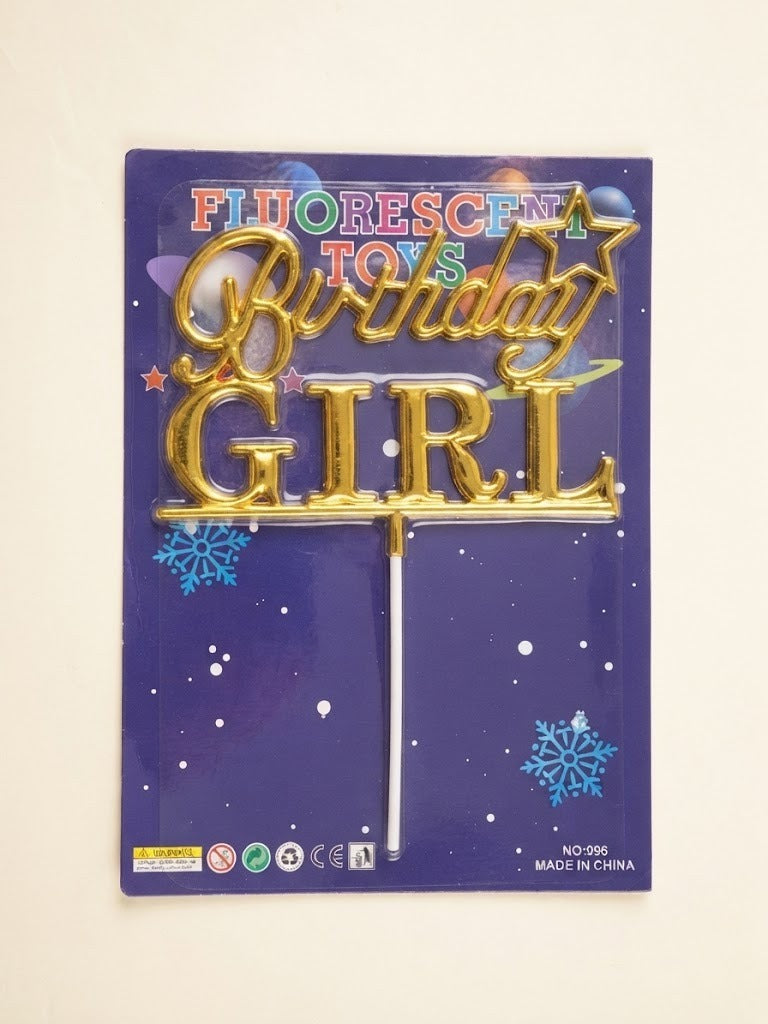 Gold Metallic "Birthday Girl" Cake Topper (Space Theme Packaging)