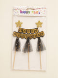 Black and Gold Glitter Star & Bunting "Happy Birthday" Cake Topper Set