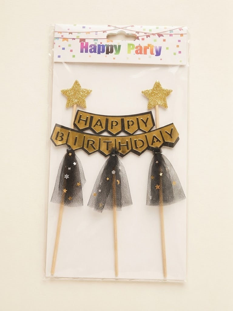 Black and Gold Glitter Star & Bunting "Happy Birthday" Cake Topper Set