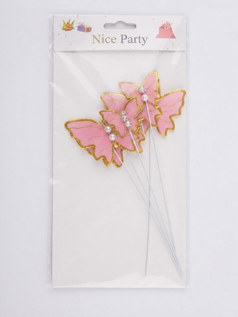 Pink Butterfly Cake Toppers with Gold Trim and Pearls (Set of 4)