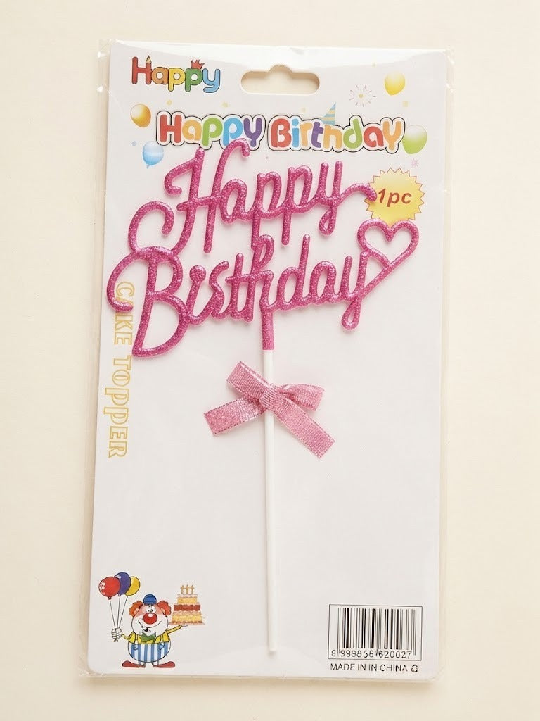 Glitter Pink Happy Birthday Cake Topper with Satin Bow